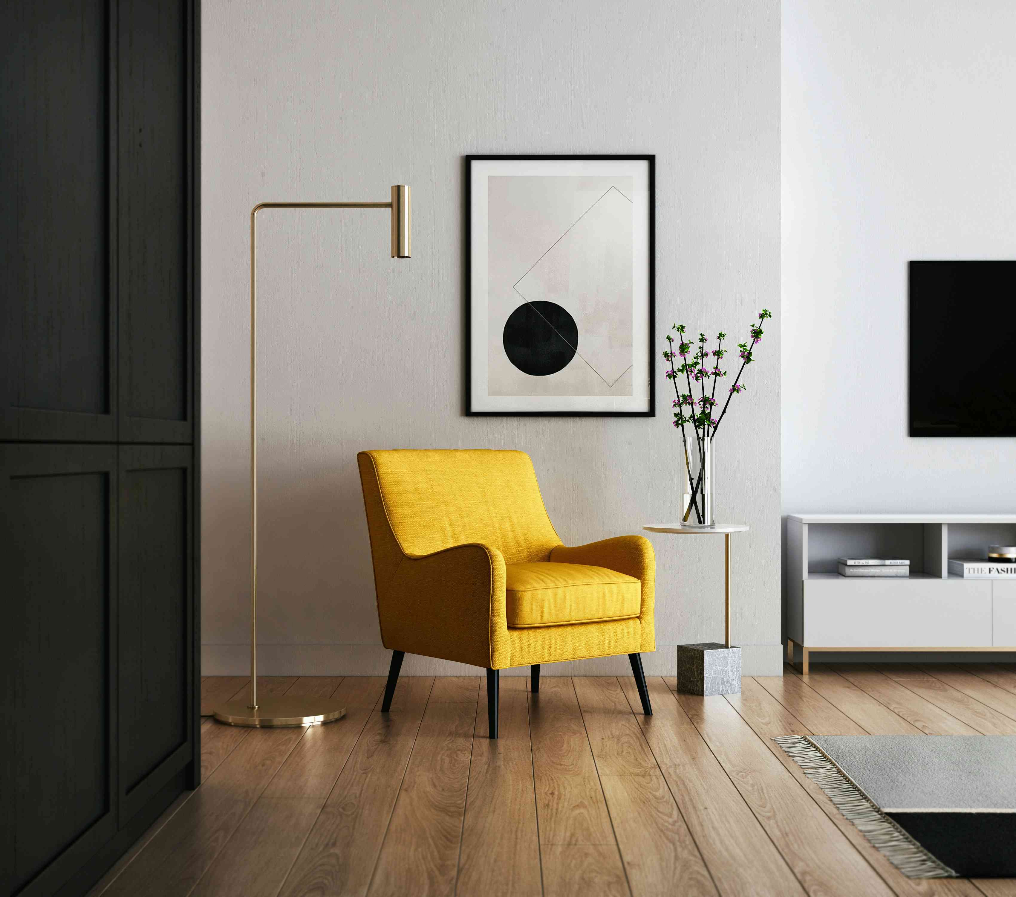 Elegant interior with herringbone wooden flooring